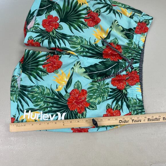Hurley Hybrid Swim Shorts Mens Large Hibiscus Volley Tropical Floral Blue Trunks - Picture 9 of 13